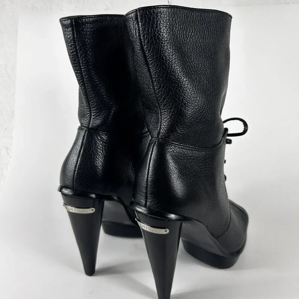 Michael Kors Women's Size 6M Black Leather Peep Toe Lace Up Booties Heels Shoe - Picture 2 of 9